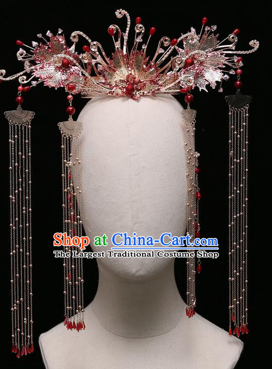 Chinese Ancient Bride Phoenix Coronet Tassel Hairpins Traditional Wedding Xiu He Hair Accessories Complete Set for Women