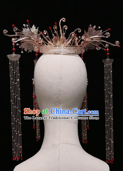 Chinese Ancient Bride Phoenix Coronet Tassel Hairpins Traditional Wedding Xiu He Hair Accessories Complete Set for Women