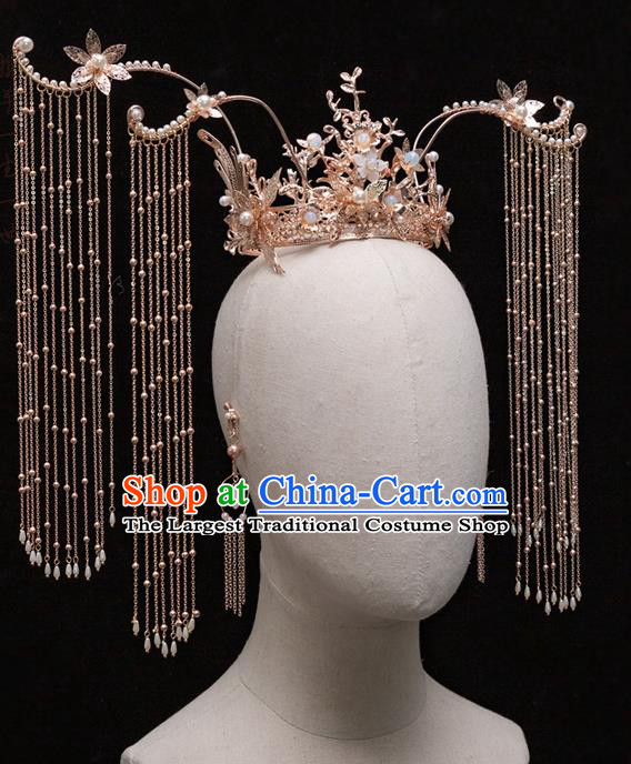 Chinese Ancient Bride Tassel Phoenix Coronet Hairpins Traditional Wedding Xiu He Hair Accessories Complete Set for Women