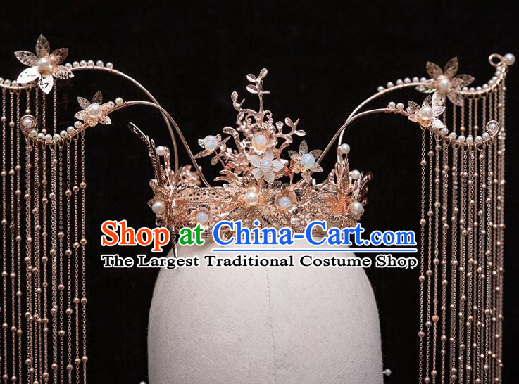 Chinese Ancient Bride Tassel Phoenix Coronet Hairpins Traditional Wedding Xiu He Hair Accessories Complete Set for Women