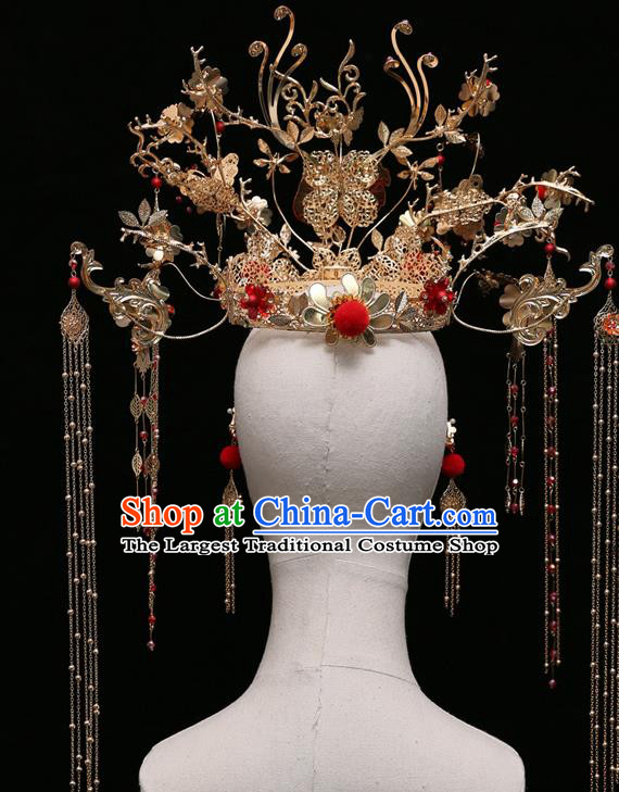 Chinese Ancient Bride Golden Butterfly Phoenix Coronet Hairpins Traditional Wedding Xiu He Hair Accessories Complete Set for Women