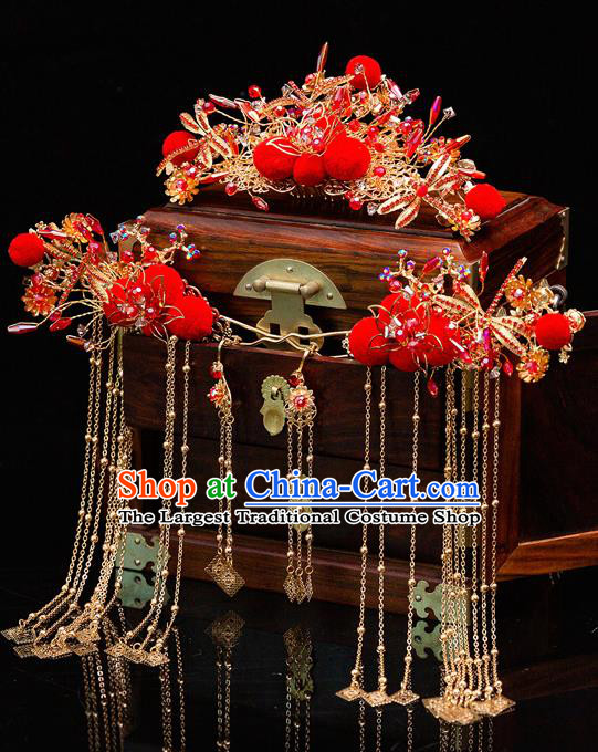 Chinese Ancient Bride Red Venonat Hair Crown Hairpins Traditional Wedding Xiu He Hair Accessories Complete Set for Women