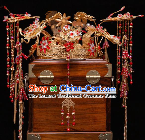 Chinese Ancient Bride Red Flowers Tassel Phoenix Coronet Hairpins Traditional Wedding Xiu He Hair Accessories Complete Set for Women