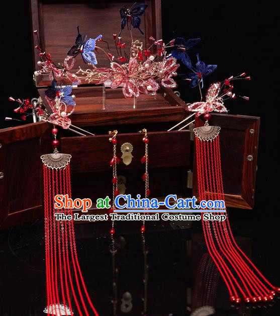 Chinese Ancient Bride Hair Crown Tassel Hairpins Traditional Wedding Xiu He Hair Accessories Complete Set for Women