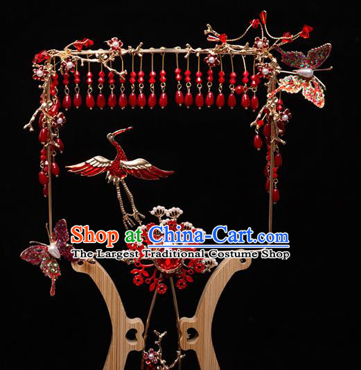 Chinese Ancient Bride Prop Red Crane Palace Fans Traditional Wedding Xiu He Accessories Round Fan for Women