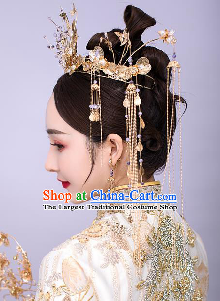 Chinese Ancient Bride Tassel Hairpins Golden Butterfly Phoenix Coronet Traditional Wedding Xiu He Hair Accessories Complete Set for Women