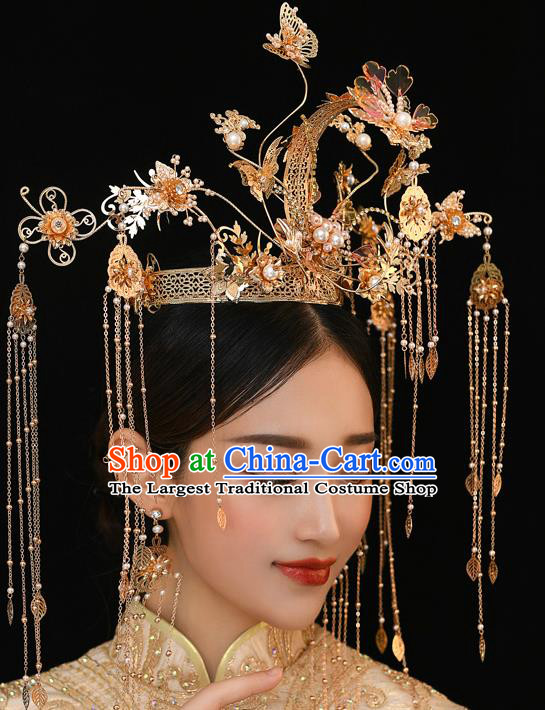 Chinese Ancient Bride Tassel Hairpins Golden Pearls Phoenix Coronet Traditional Wedding Xiu He Hair Accessories Complete Set for Women
