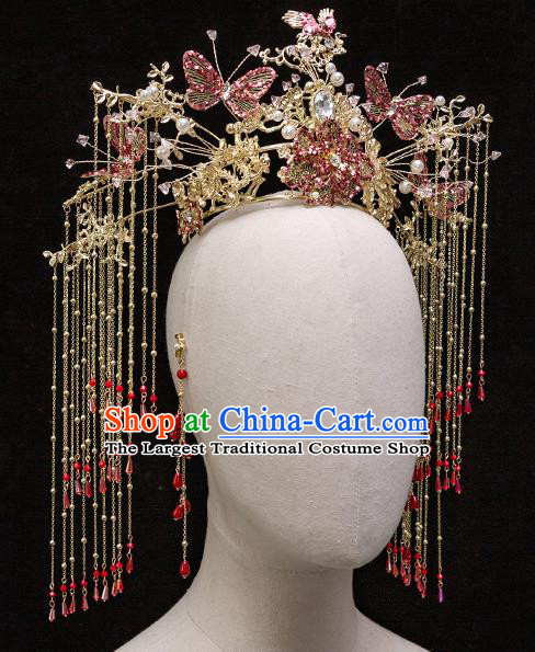 Chinese Ancient Bride Butterfly Crane Phoenix Coronet Tassel Hairpins Traditional Wedding Xiu He Hair Accessories Complete Set for Women