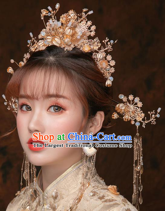 Chinese Ancient Bride Golden Hair Crown Tassel Hairpins Traditional Wedding Xiu He Hair Accessories Complete Set for Women