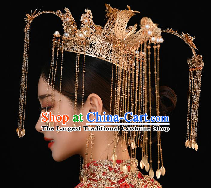 Chinese Ancient Bride Deluxe Phoenix Coronet Tassel Hairpins Traditional Wedding Xiu He Hair Accessories Complete Set for Women