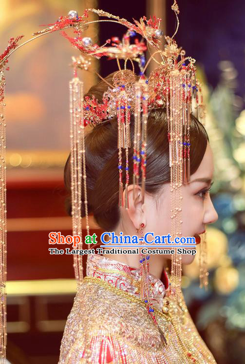Chinese Ancient Bride Red Phoenix Coronet Tassel Hairpins Traditional Wedding Xiu He Hair Accessories Complete Set for Women