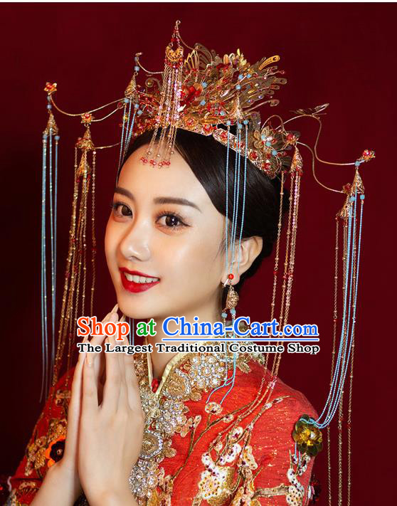 Chinese Ancient Bride Luxury Phoenix Coronet Tassel Hairpins Traditional Wedding Xiu He Hair Accessories Complete Set for Women