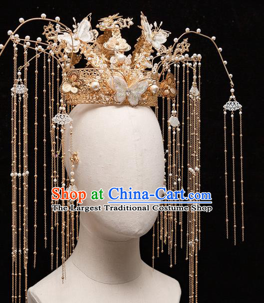 Chinese Ancient Bride Green Butterfly Phoenix Coronet Tassel Hairpins Traditional Wedding Xiu He Hair Accessories Complete Set for Women