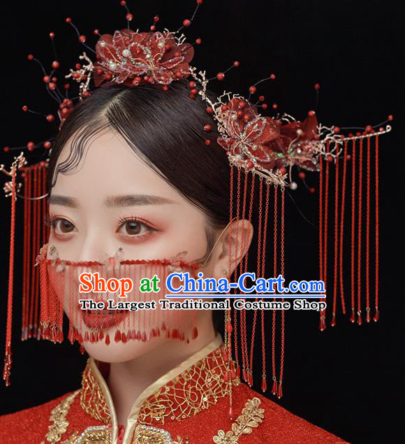 Chinese Ancient Bride Red Silk Hair Comb Tassel Hairpins Traditional Wedding Xiu He Hair Accessories Complete Set for Women