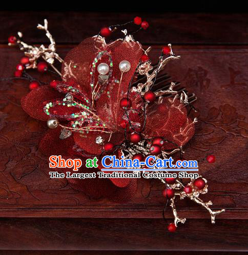 Chinese Ancient Bride Red Silk Hair Comb Tassel Hairpins Traditional Wedding Xiu He Hair Accessories Complete Set for Women