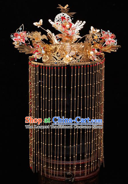 Chinese Ancient Bride Jade Phoenix Coronet Tassel Hairpins Traditional Wedding Xiu He Hair Accessories Complete Set for Women