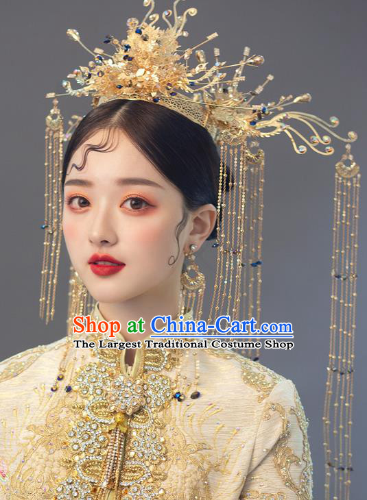 Chinese Ancient Bride Blue Crystal Phoenix Coronet Tassel Hairpins Traditional Wedding Xiu He Hair Accessories Complete Set for Women