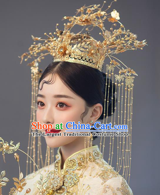 Chinese Ancient Bride Golden Beads Phoenix Coronet Tassel Hairpins Traditional Wedding Xiu He Hair Accessories Complete Set for Women