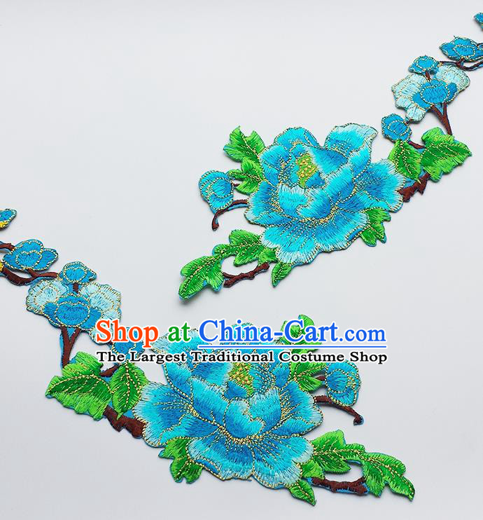 Traditional Chinese National Embroidery Blue Peony Applique Embroidered Patches Embroidering Cloth Accessories