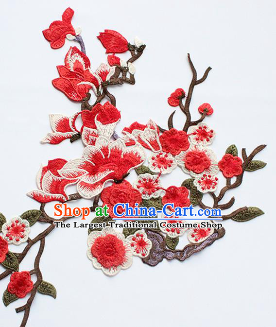 Traditional Chinese National Embroidery Red Plum Mangnolia Applique Embroidered Patches Embroidering Cloth Accessories