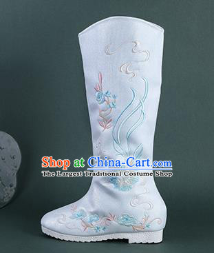 Chinese Handmade Winter Embroidered Blue High Boots Traditional Hanfu Shoes National Shoes for Women