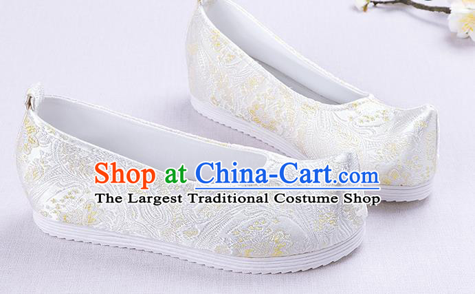 Chinese Handmade Opera Embroidered White Brocade Bow Shoes Traditional Hanfu Shoes National Shoes for Women