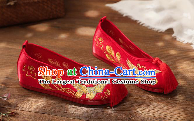 Chinese Handmade Embroidered Golden Phoenix Red Shoes Traditional Hanfu Shoes National Shoes for Kids