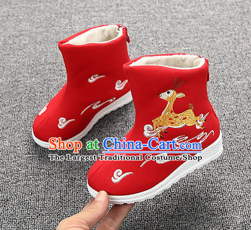 Chinese Handmade Winter Embroidered Deer Red Boots Traditional Hanfu Shoes National Shoes for Kids