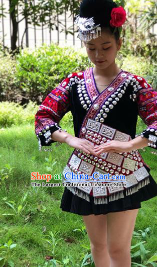 Chinese Traditional Miao Nationality Embroidered Costume Ethnic Folk Dance Black Short Dress for Women
