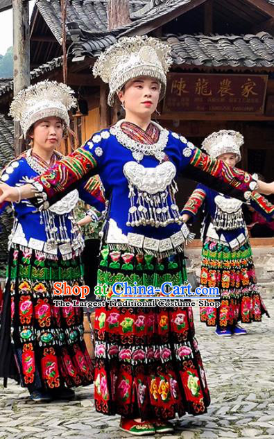 Chinese Traditional Miao Nationality Embroidered Costume Ethnic Folk Dance Dress and Hat for Women