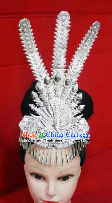 Chinese Traditional Handmade Miao Nationality Silver Phoenix Hair Crown Hairpins Ethnic Wedding Hair Accessories for Women