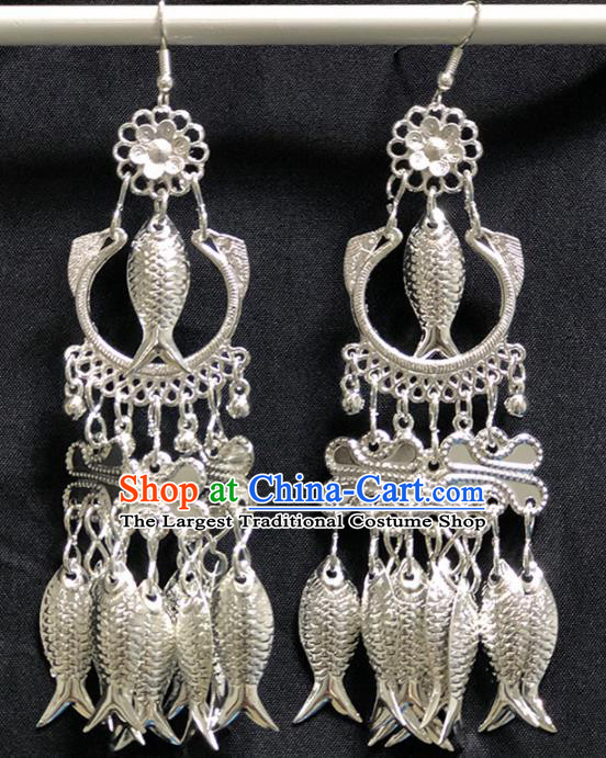 Chinese Handmade Traditional Miao Nationality Silver Fishes Tassel Earrings Ethnic Wedding Bride Accessories for Women