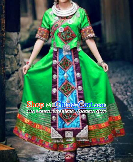 Chinese Traditional Miao Nationality Bride Embroidered Green Dress Ethnic Folk Dance Costume for Women