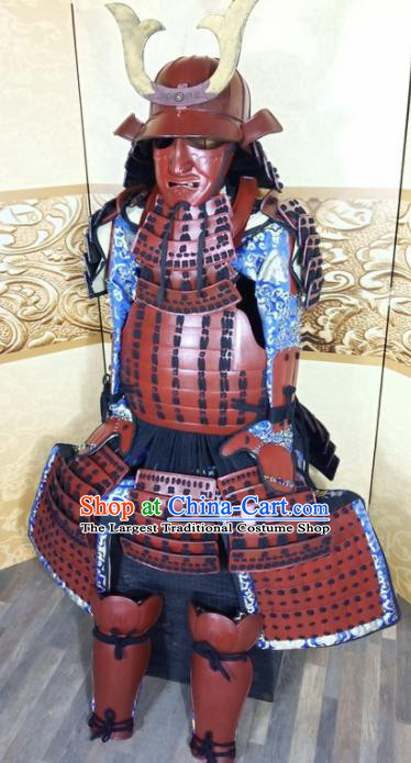 Japanese Handmade Traditional Samurai Red Body Armor and Helmet Ancient Warrior Costumes for Men