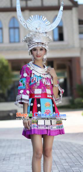 Chinese Traditional Miao Nationality Embroidered Purple Short Dress Ethnic Folk Dance Costume for Women