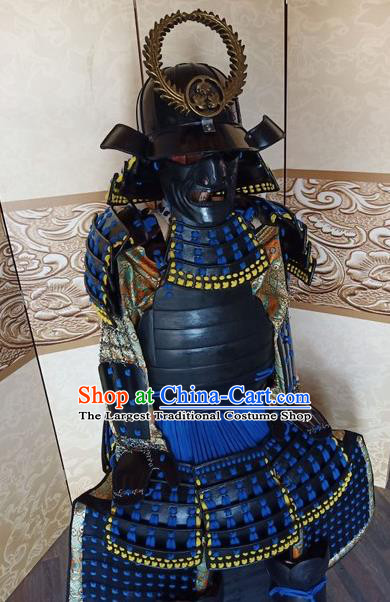 Japanese Handmade Traditional Samurai Blue Body Armor and Helmet Ancient Warrior Costumes for Men
