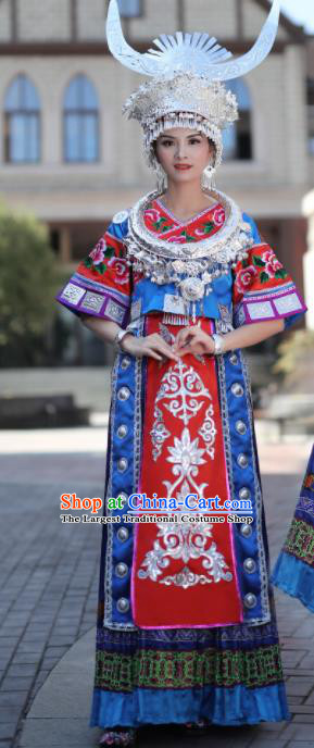 Chinese Traditional Miao Nationality Embroidered Royalblue Dress and Headpiece Ethnic Folk Dance Costume for Women