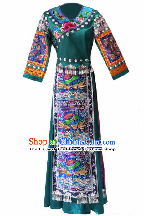 Chinese Traditional Tujia Nationality Wedding Embroidered Green Dress Ethnic Folk Dance Costume for Women
