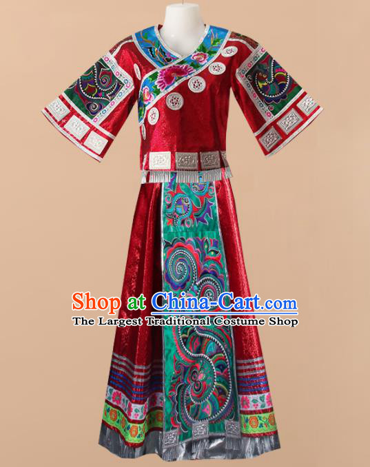 Chinese Traditional Tujia Nationality Wedding Embroidered Red Dress Ethnic Folk Dance Costume for Women
