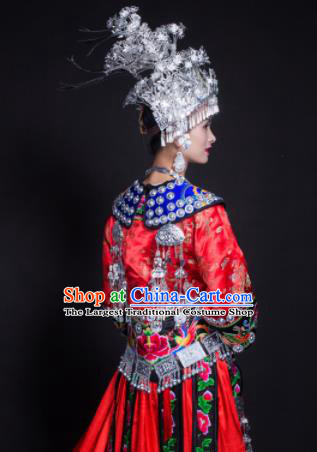 Chinese Traditional Miao Nationality Wedding Red Blouse and Dress Ethnic Folk Dance Costumes and Headpiece for Women