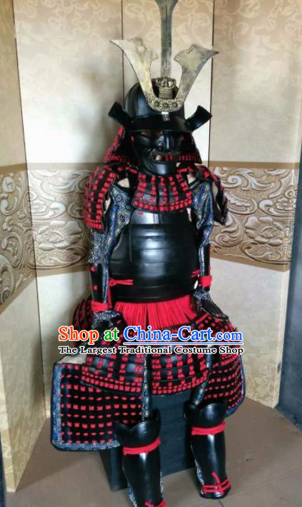 Japanese Handmade Traditional Samurai Red Tassel Body Armor and Helmet Ancient Warrior Costumes for Men