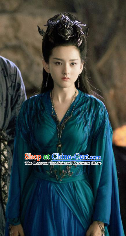 Chinese Ancient Princess of the Winged Tribe Yu Ran Blue Dress Drama Novoland Eagle Flag Replica Costumes and Headpiece for Women