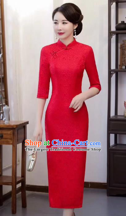 Chinese Traditional Qiapo Dress Red Lace Cheongsam National Costumes for Women