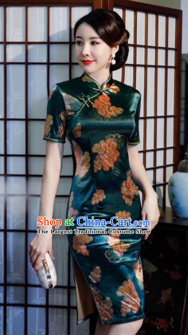 Chinese Traditional Qiapo Dress Green Velvet Cheongsam National Costumes for Women