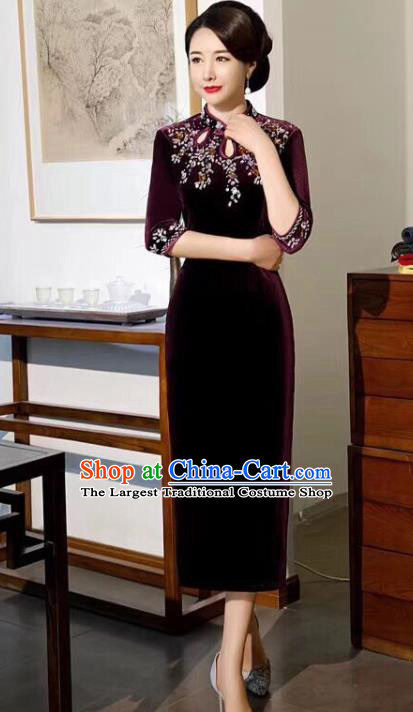 Chinese Traditional Qipao Dress Bride Mother Wine Red Velvet Cheongsam National Costumes for Women
