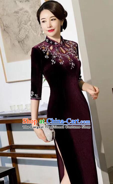 Chinese Traditional Qiapo Dress Bride Mother Wine Red Velvet Cheongsam National Costumes for Women