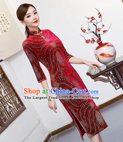 Chinese Traditional Qiapo Dress Red Velvet Cheongsam National Costumes for Women