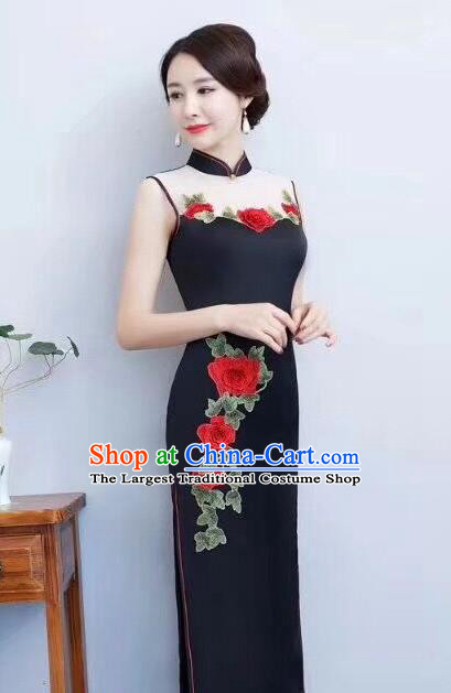 Chinese Traditional Long Qiapo Dress Embroidered Black Cheongsam National Costume for Women