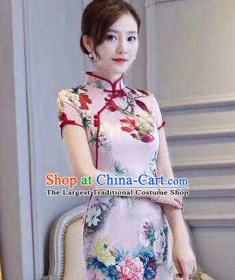 Chinese Traditional Short Qipao Dress Printing Pink Cheongsam National Costume for Women