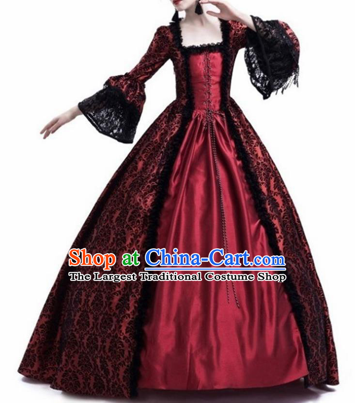 Traditional Europe Middle Ages Countess Wine Red Dress Halloween Cosplay Stage Performance Costume for Women
